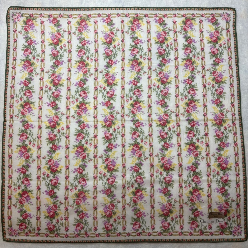 VTG CHRISTIAN DIOR Scarf Handkerchief Floral Stripe Cotton White Pink 18.5"